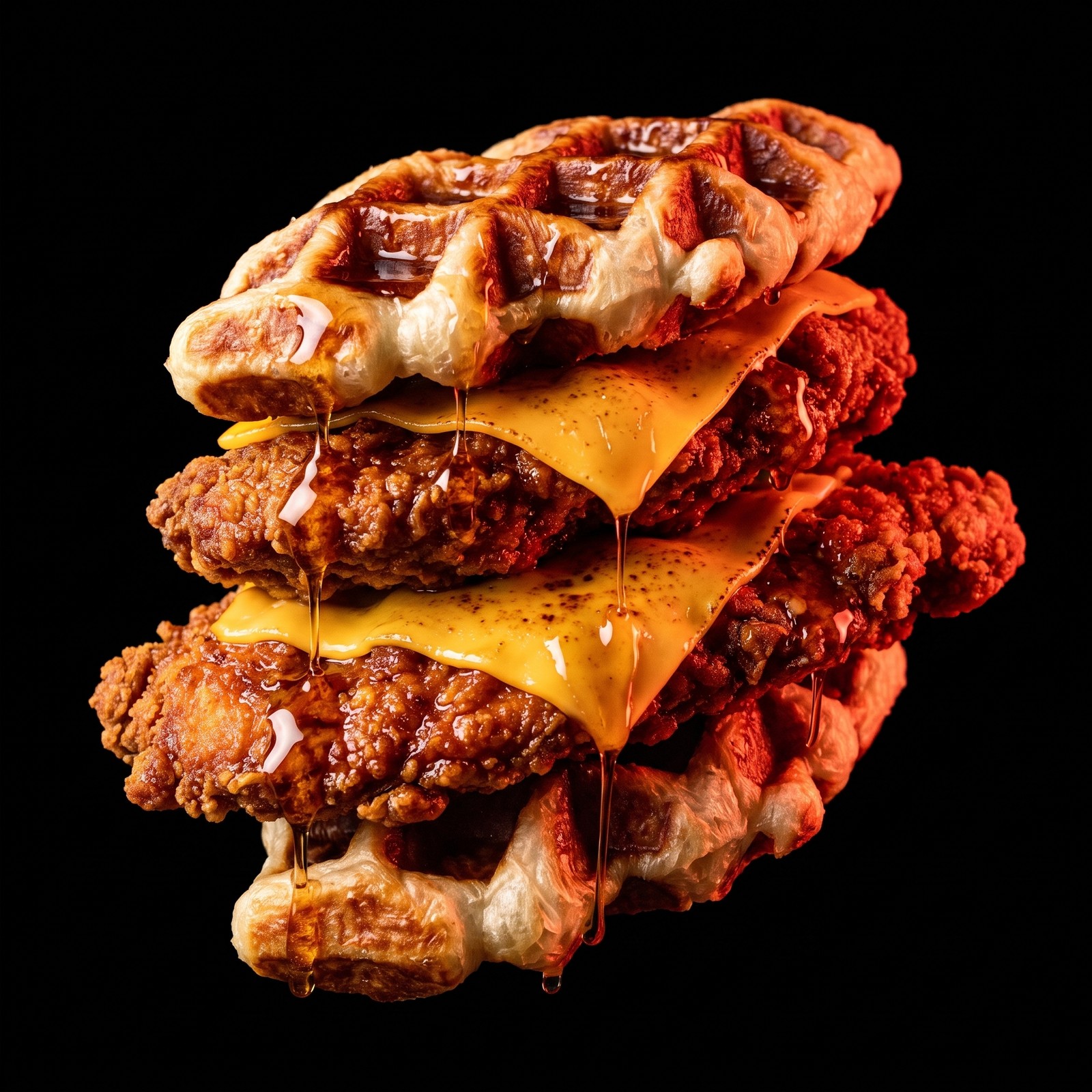 Croffle Chicken - double chicken patties, cheddar and maple syrup