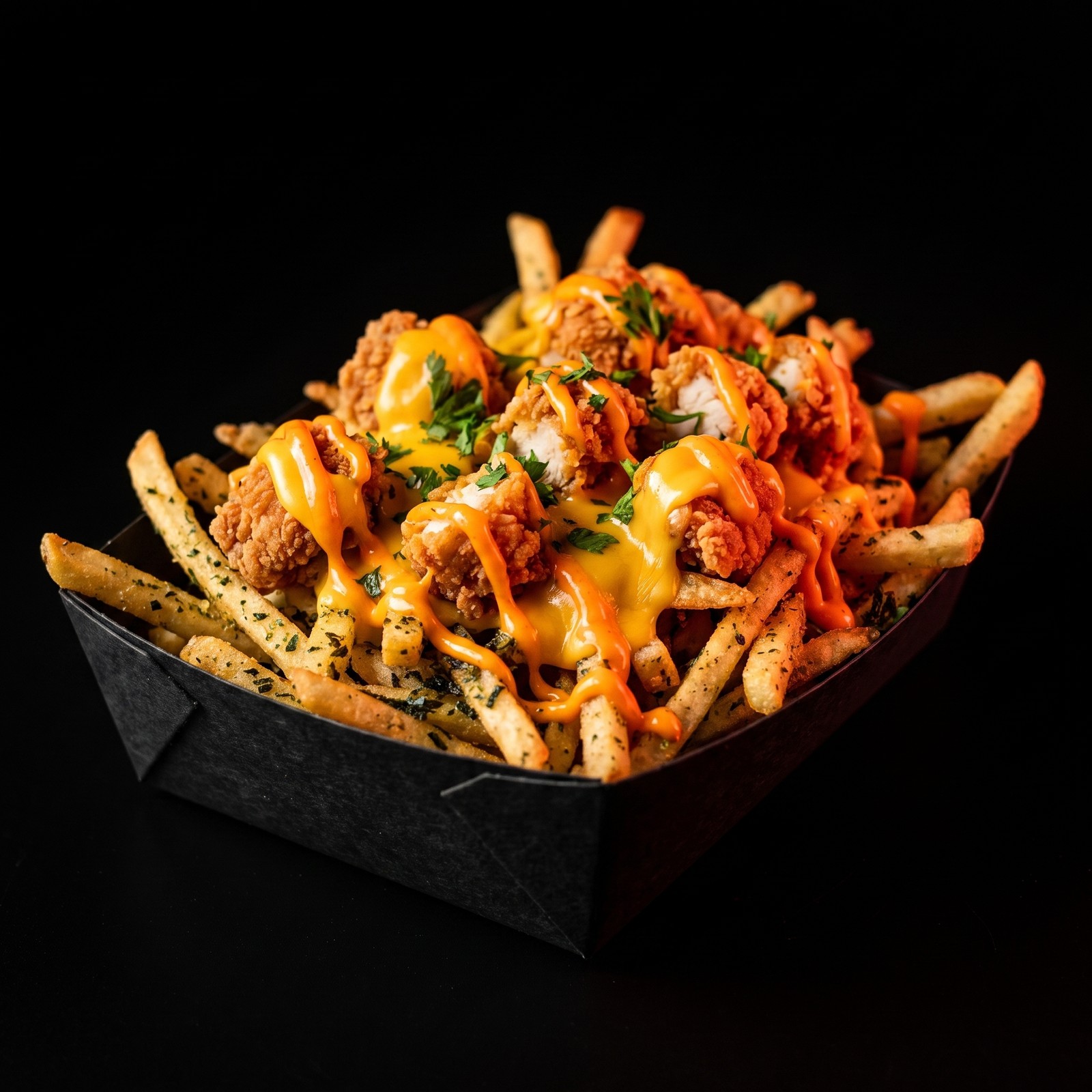 Loaded Fries - seaweed fries with chicken bits, cheese and sriracha mayo